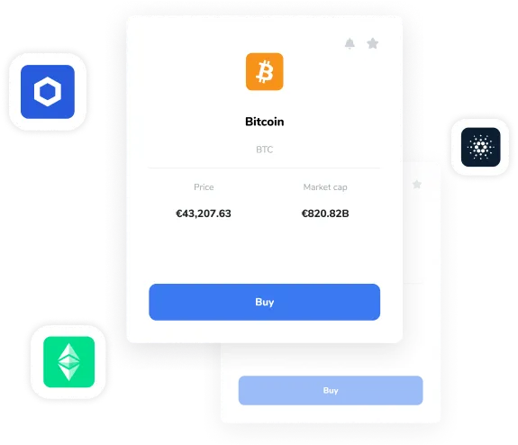 En kryptovaluta Bitcoin med vist pris og markedsværdi. Også logoer for chainlink, caradano og ethereum.