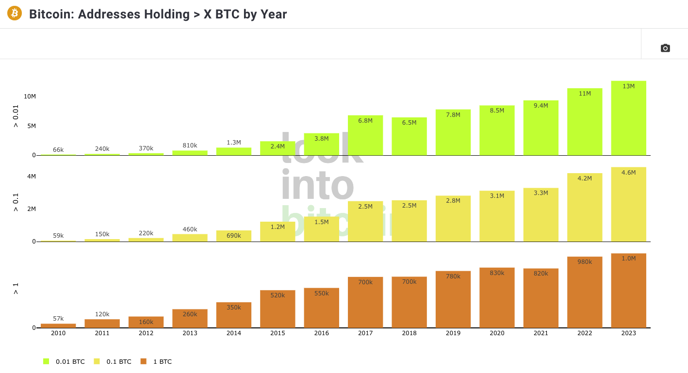 Bitcoin address holding &gt;X BTC by year
