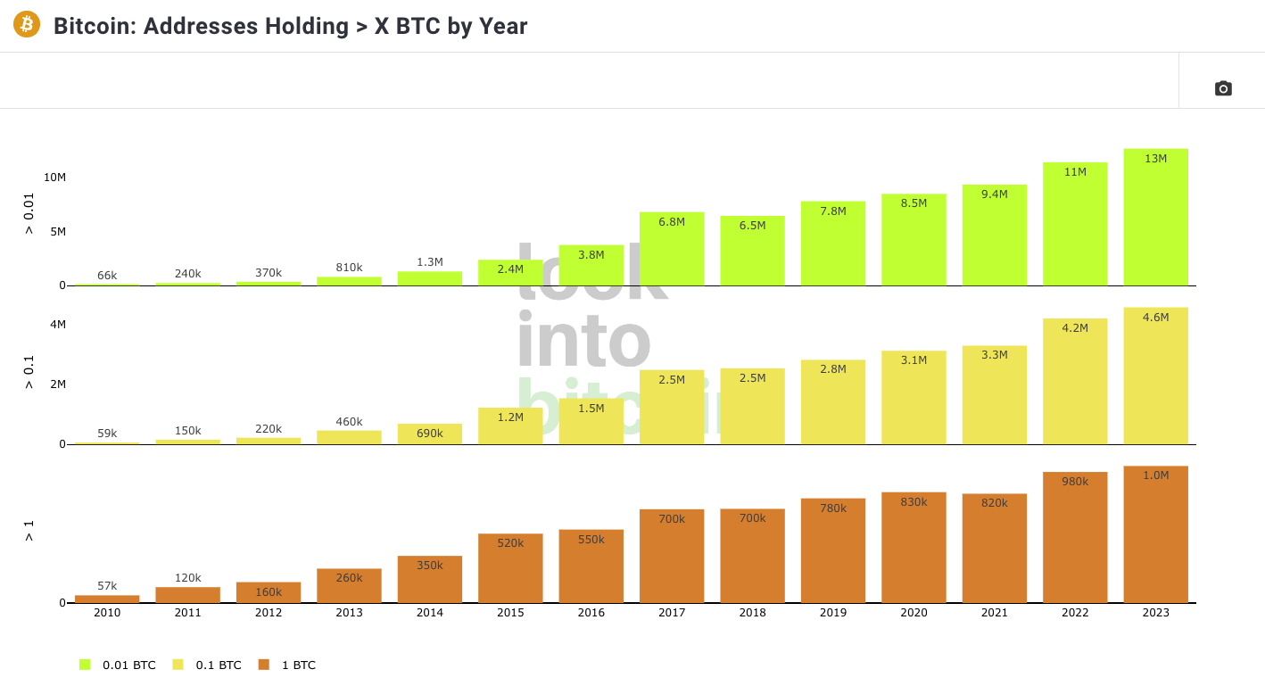 Bitcoin address holding >X BTC by year